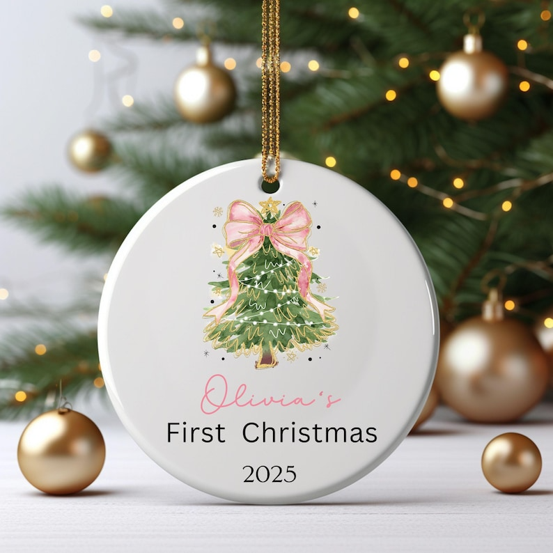Coquette Baby Girl First Christmas Ornament, Personalized First Christmas Ornament Baby Girl Name, Baby Family Keepsake, Coquette Pink Bow