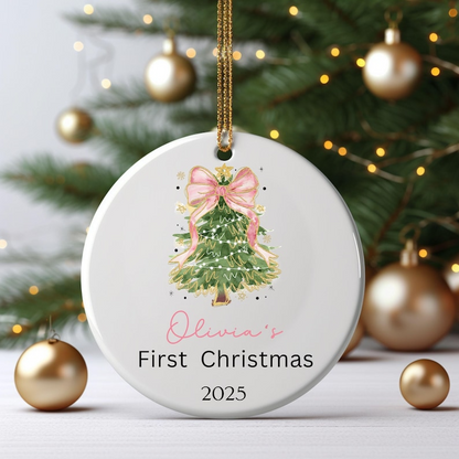 Coquette Baby Girl First Christmas Ornament, Personalized First Christmas Ornament Baby Girl Name, Baby Family Keepsake, Coquette Pink Bow