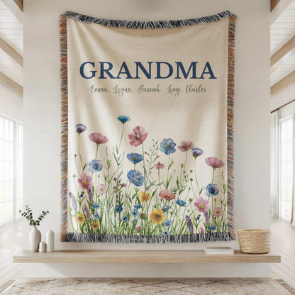Soft Floral Custom Name Woven Blanket – Unique Gift for Mom or Grandma