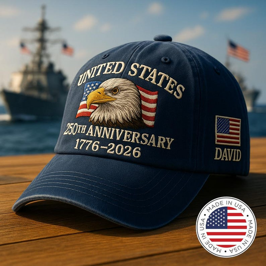 Custom Name United States 250th Anniversary Hat (1776–2026) – Embroidered Eagle Cap