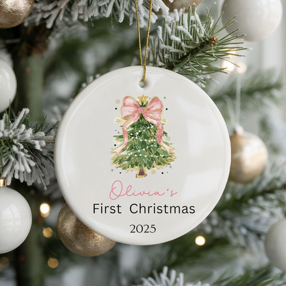 Coquette Baby Girl First Christmas Ornament, Personalized First Christmas Ornament Baby Girl Name, Baby Family Keepsake, Coquette Pink Bow