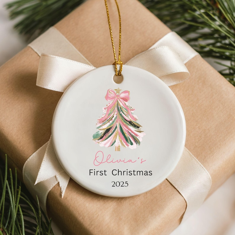 Baby Girl First Christmas Ornament, Personalized First Christmas Ornament Baby Girl Name, Baby Family Keepsake, Pink Christmas Ornament