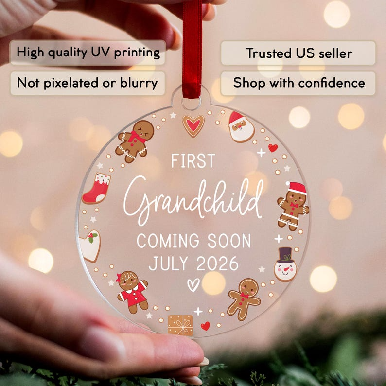 First Grandchild Christmas Ornament, Baby Announcement Ornament Pregnancy Reveal Grandparents Grandma Grandpa Grandbaby Coming Soon