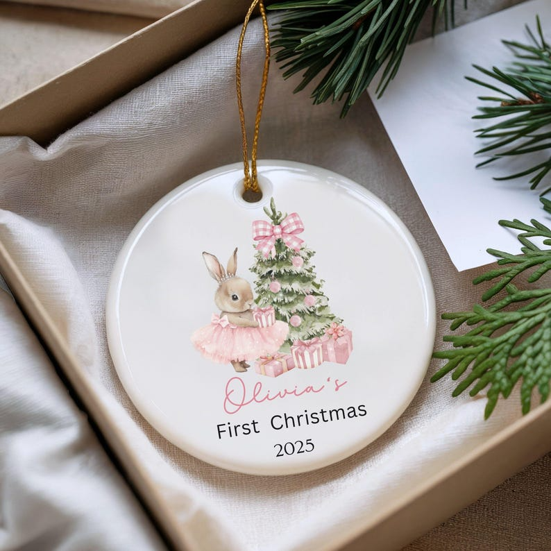 Baby Girl First Christmas Ornament, Personalized Baby Girl Name First Christmas Ornament, Baby Family Keepsake, Pink Christmas Ornament