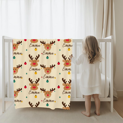 Personalized Christmas Blanket for Kids and Babies for the Holiday Season – Cute Reindeer Style – Cozy Fleece, Sherpa Material