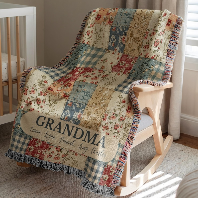 Custom Name Retro Patchwork Woven Blanket – Personalized Gift for Mom, Grandma