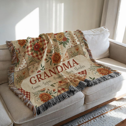 Custom Name Retro Florals Woven Blanket – Personalized Gift for Mom, Grandma