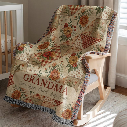 Custom Name Retro Florals Woven Blanket – Personalized Gift for Mom, Grandma