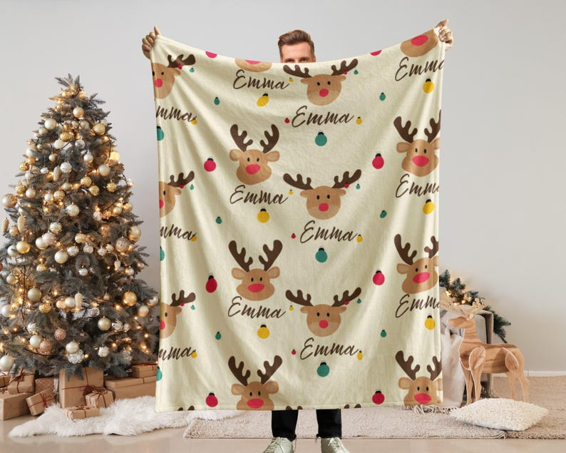 Personalized Christmas Blanket for Kids and Babies for the Holiday Season – Cute Reindeer Style – Cozy Fleece, Sherpa Material