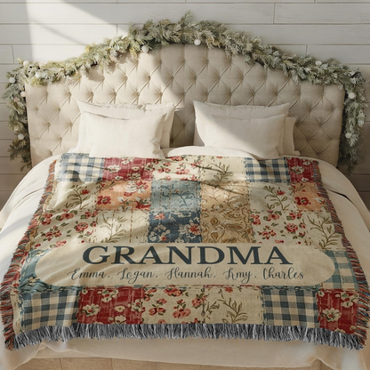 Custom Name Retro Patchwork Woven Blanket – Personalized Gift for Mom, Grandma