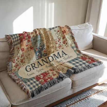 Custom Name Retro Patchwork Woven Blanket – Personalized Gift for Mom, Grandma