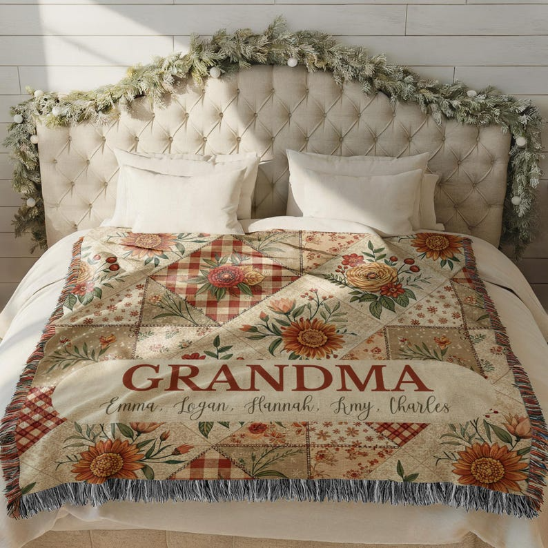 Custom Name Retro Florals Woven Blanket – Personalized Gift for Mom, Grandma