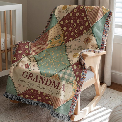 Custom Name Pastel Squares Woven Blanket – Personalized Gift for Mom, Grandma
