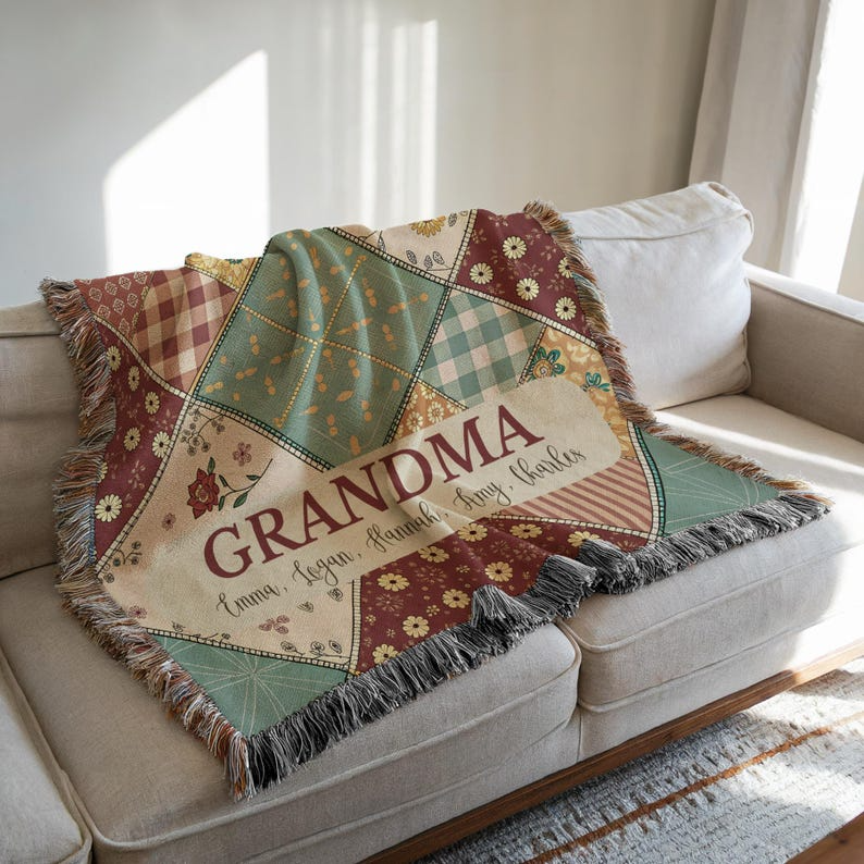 Custom Name Pastel Squares Woven Blanket – Personalized Gift for Mom, Grandma