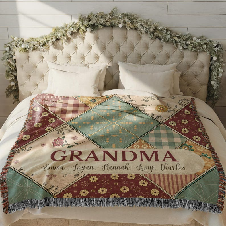 Custom Name Pastel Squares Woven Blanket – Personalized Gift for Mom, Grandma