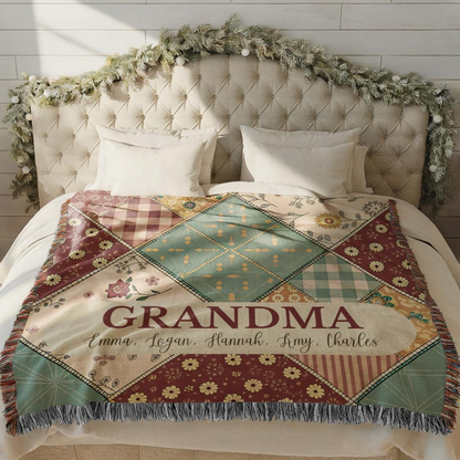 Custom Name Pastel Squares Woven Blanket – Personalized Gift for Mom, Grandma