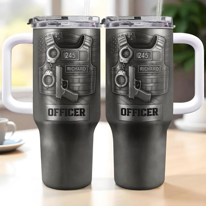 Personalized Police Officer 40oz Tumbler With Handle, Custom Name Badge Number Cup, Law Enforcement Gift, Thin Blue Line Tumbler