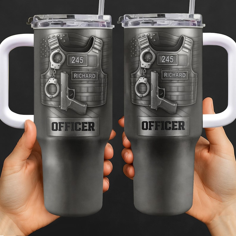 Personalized Police Officer 40oz Tumbler With Handle, Custom Name Badge Number Cup, Law Enforcement Gift, Thin Blue Line Tumbler