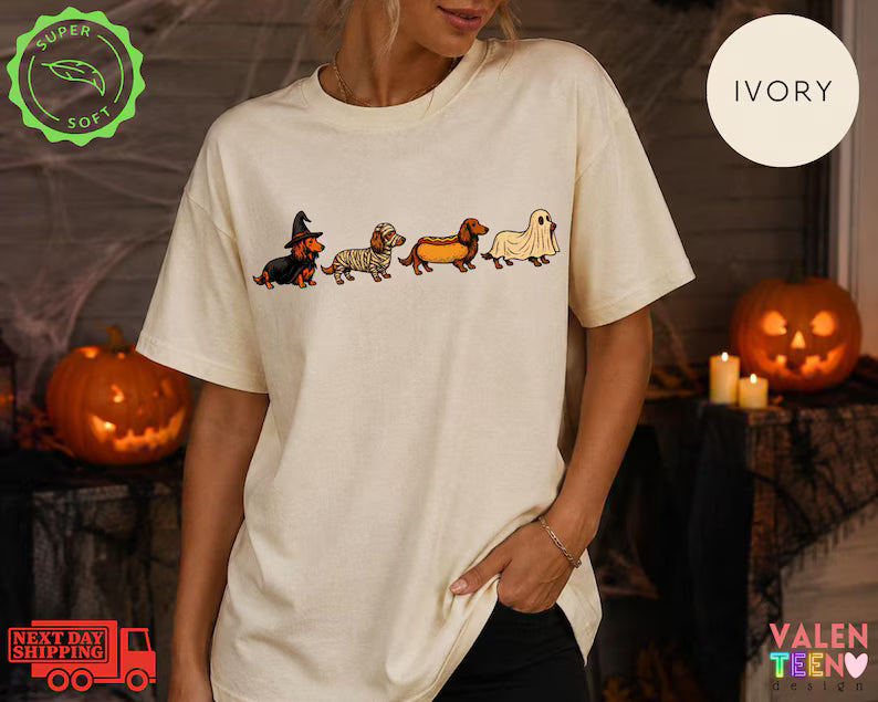 Halloween Dachshund Costumes Comfort Colors® Shirt, Spooky Wiener Dog Graphic Tee