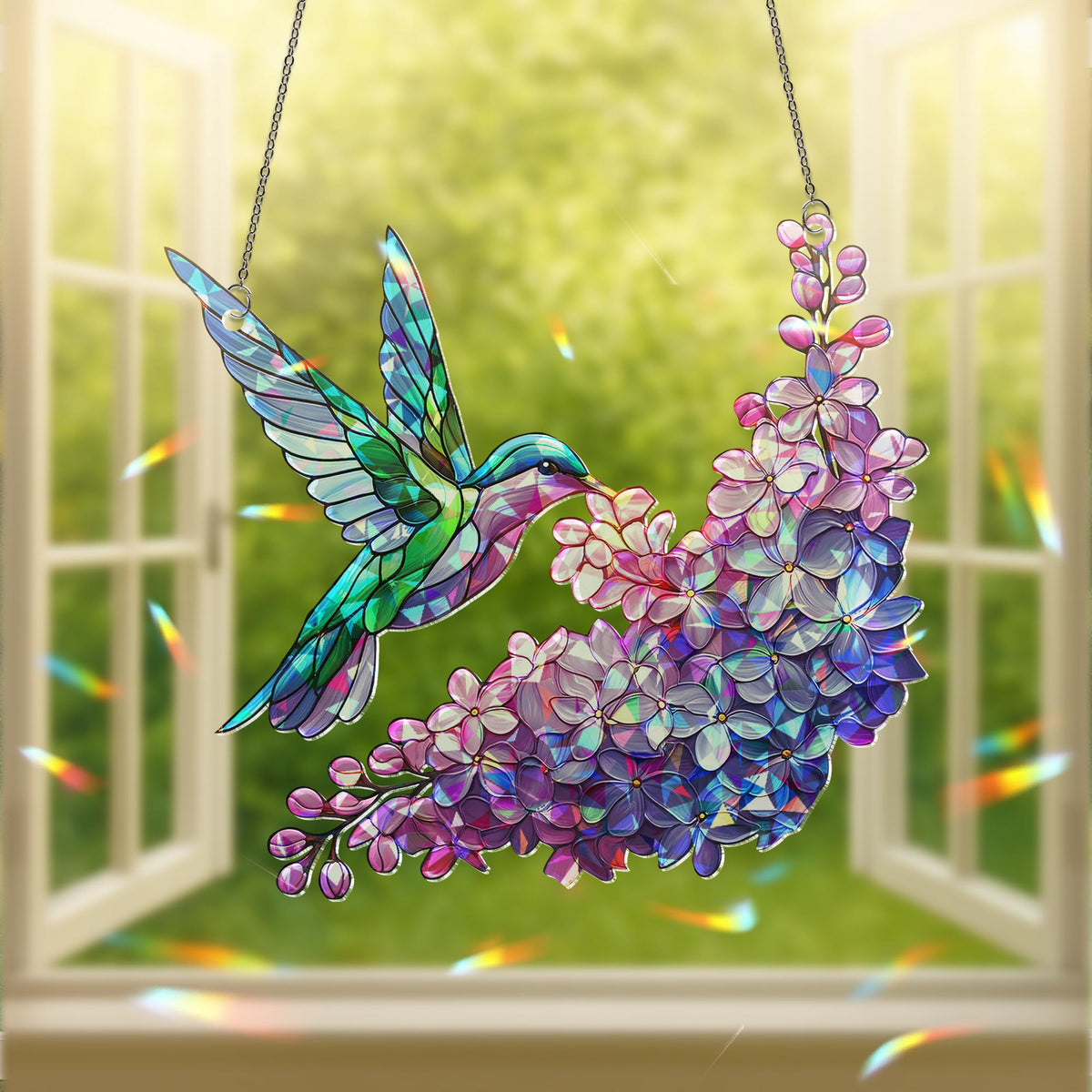 Holographic Hummingbird Suncatcher: Lilac Window Decor Rainbow Maker