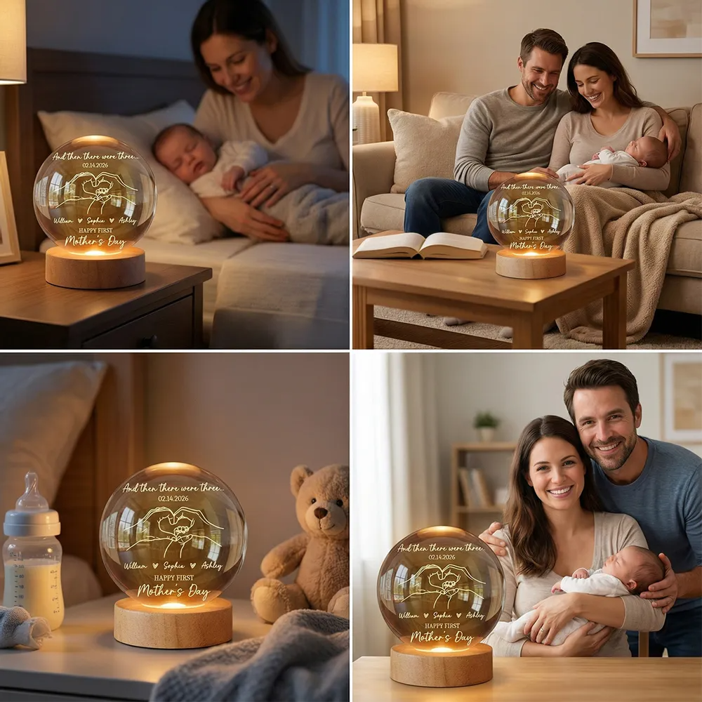 And Then There Were Three Happy First Mother's Day - Personalized Crystal Ball LED Night Light - First Mother's Day Gift For New Mom