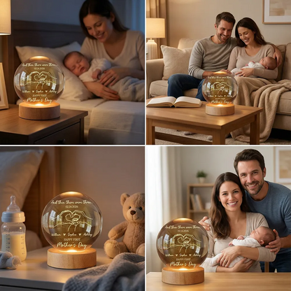 And Then There Were Three Happy First Mother's Day - Personalized Crystal Ball LED Night Light - First Mother's Day Gift For New Mom