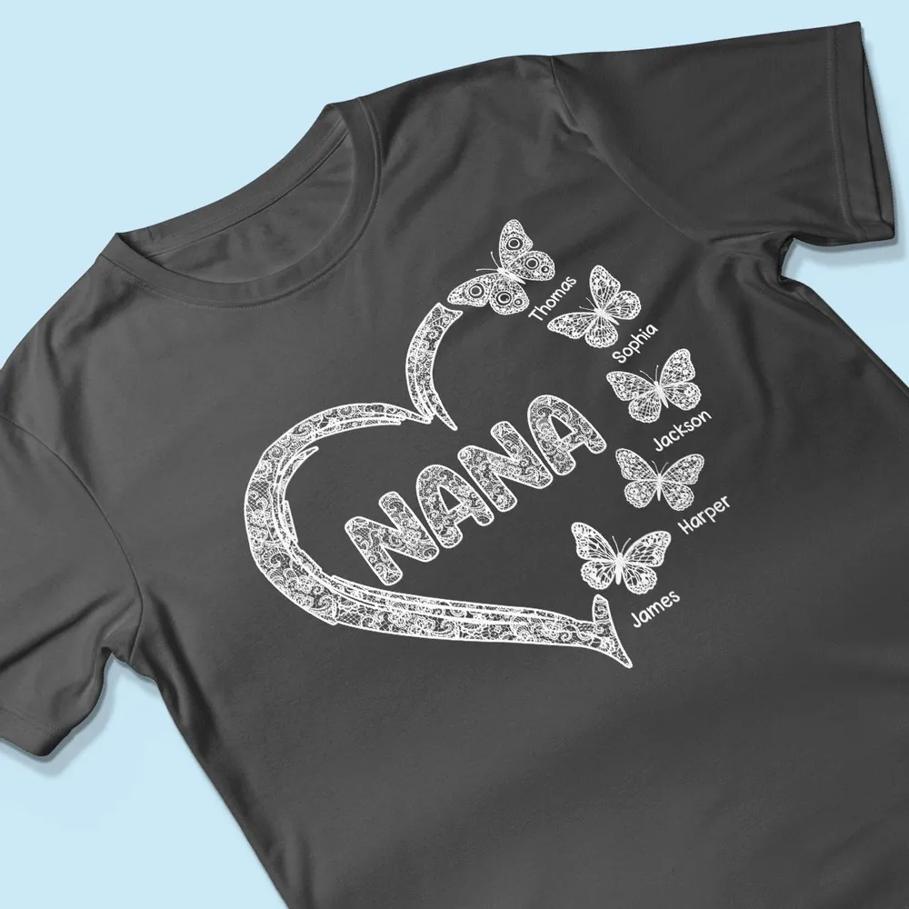 Grandma Lace Pattern Butterflies Heart - Personalized Shirt - Gift For Grandma, Mom