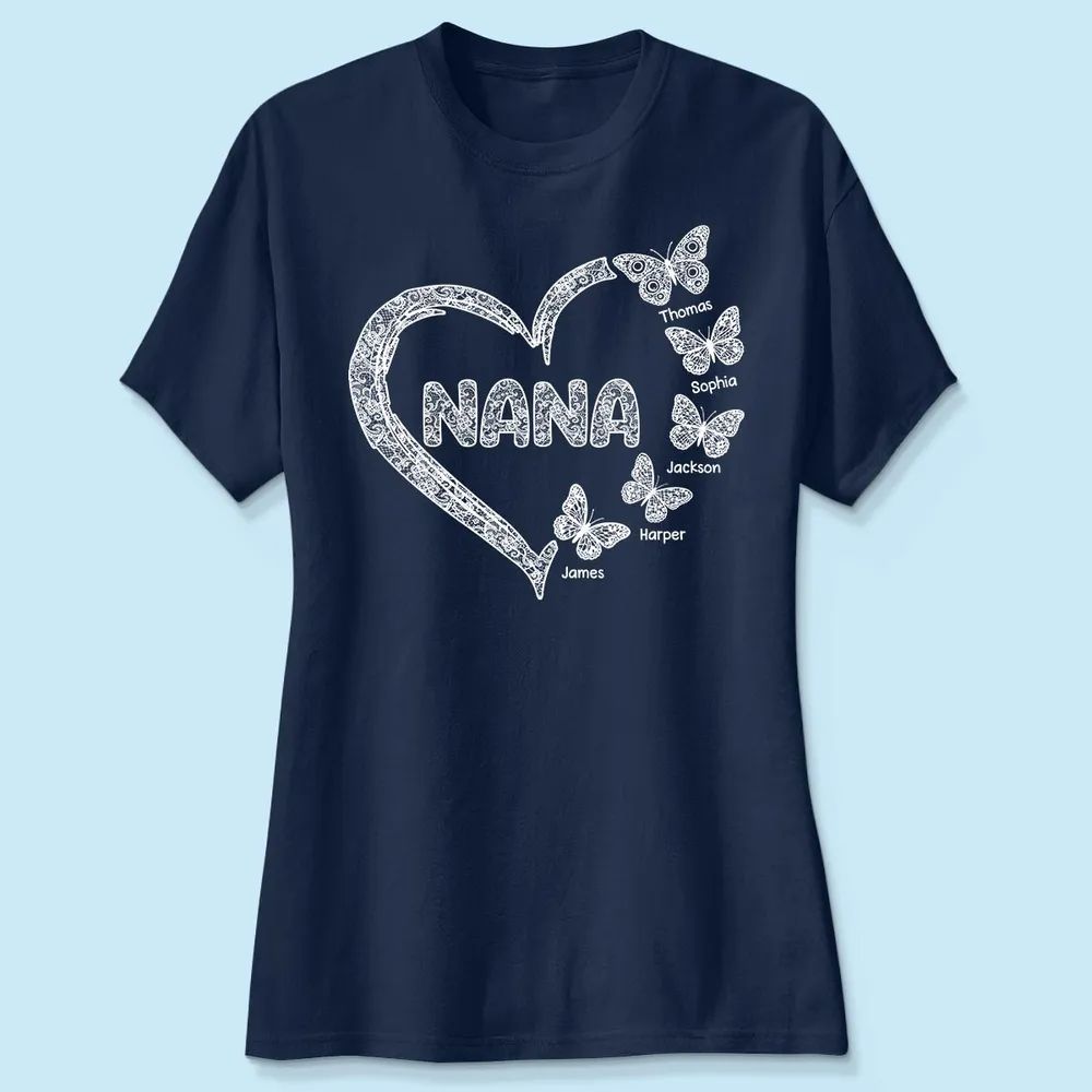 Grandma Lace Pattern Butterflies Heart - Personalized Women Tee - Gift For Grandma, Mom