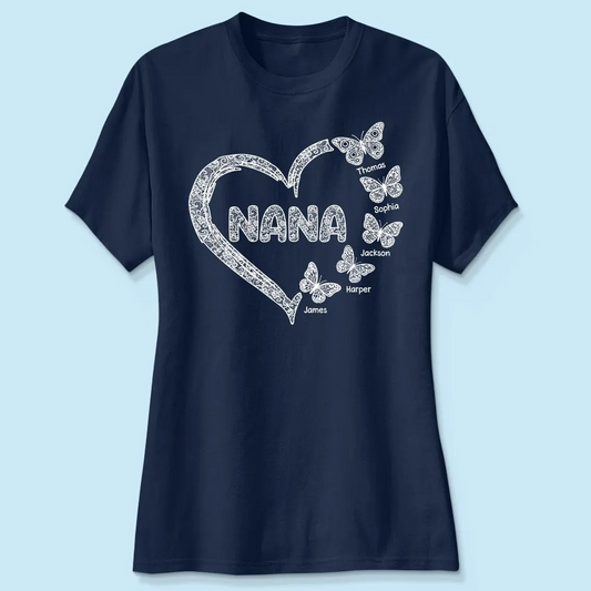 Grandma Lace Pattern Butterflies Heart - Personalized Women Tee - Gift For Grandma, Mom