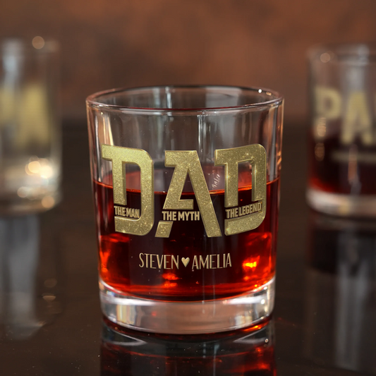 Personalised The Man The Myth The Legend 10 oz Rock Whiskey Glass with 1-6 Names Birthday Father's Day Gift for Man Whiskey Enthusiast