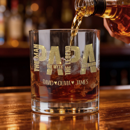 Personalised The Man The Myth The Legend 10 oz Rock Whiskey Glass with 1-6 Names Birthday Father's Day Gift for Man Whiskey Enthusiast