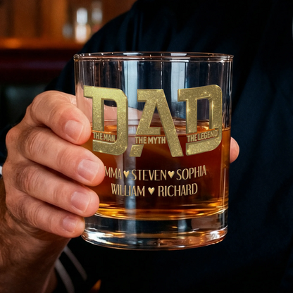 Personalised The Man The Myth The Legend 10 oz Rock Whiskey Glass with 1-6 Names Birthday Father's Day Gift for Man Whiskey Enthusiast