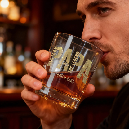 Personalised The Man The Myth The Legend 10 oz Rock Whiskey Glass with 1-6 Names Birthday Father's Day Gift for Man Whiskey Enthusiast