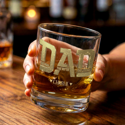 Personalised The Man The Myth The Legend 10 oz Rock Whiskey Glass with 1-6 Names Birthday Father's Day Gift for Man Whiskey Enthusiast