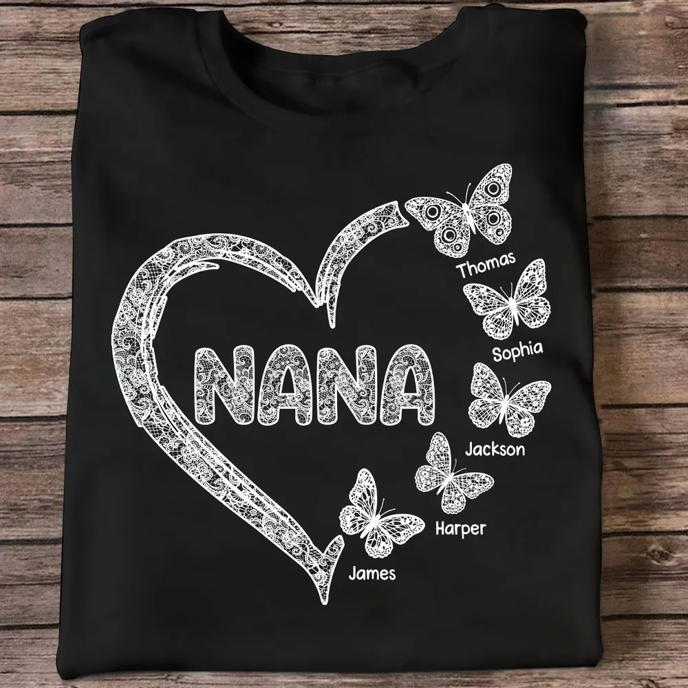 Grandma Lace Pattern Butterflies Heart - Personalized Shirt - Gift For Grandma, Mom