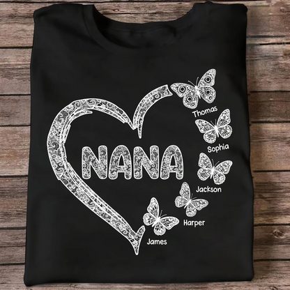 Grandma Lace Pattern Butterflies Heart - Personalized Shirt - Gift For Grandma, Mom