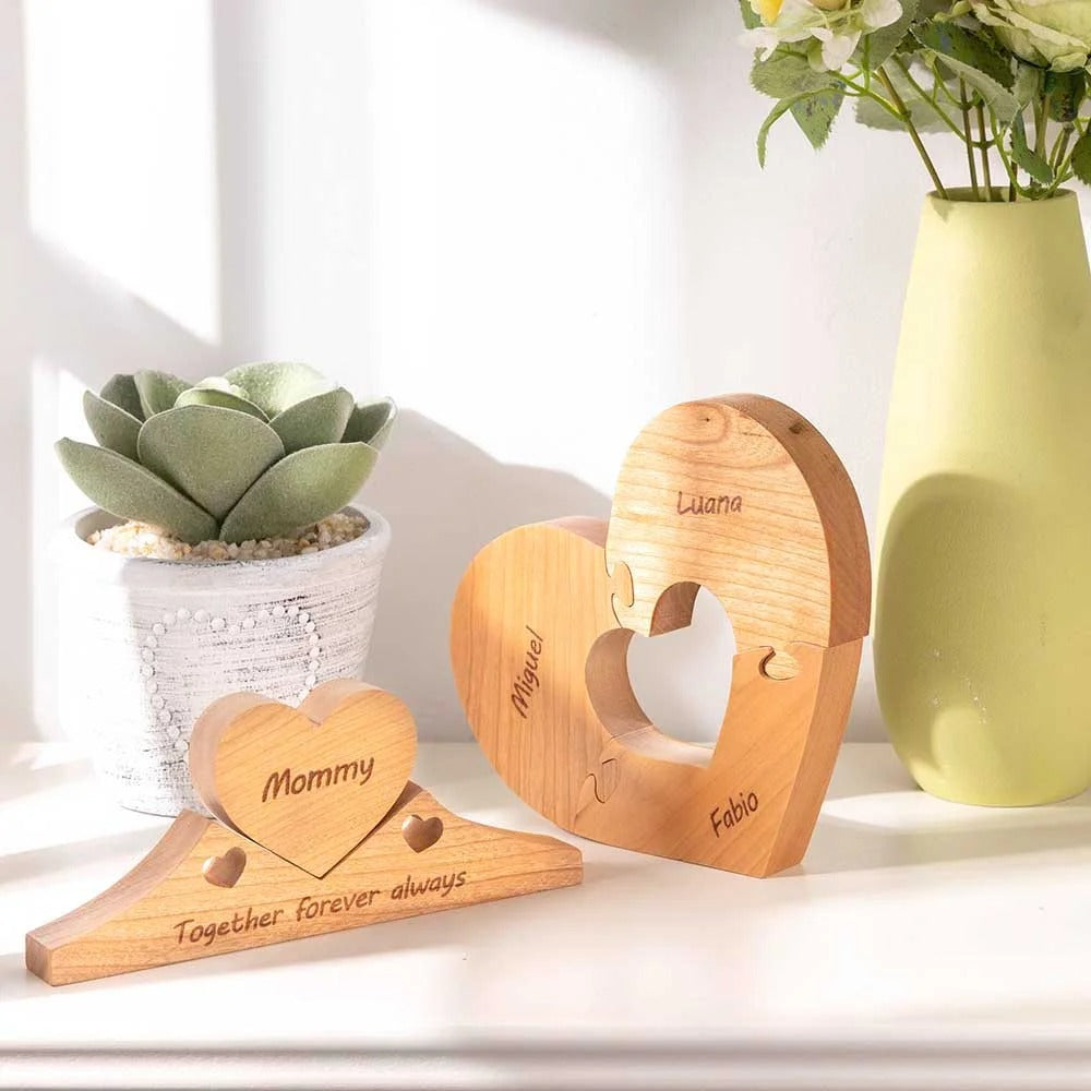Personalised Wooden Heart Family Unity Puzzle Plaque with 1-6 Names Mother's Day Thanksgiving Day Home Decor for Family