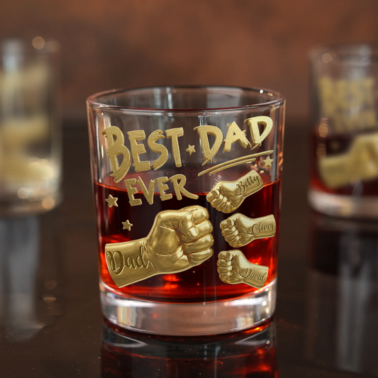 Personalised Best Dad Ever Fist 11 oz Rock Whiskey Glass with Names Old Fashioned Father's Day Birthday Gift for Man Whiskey Lover