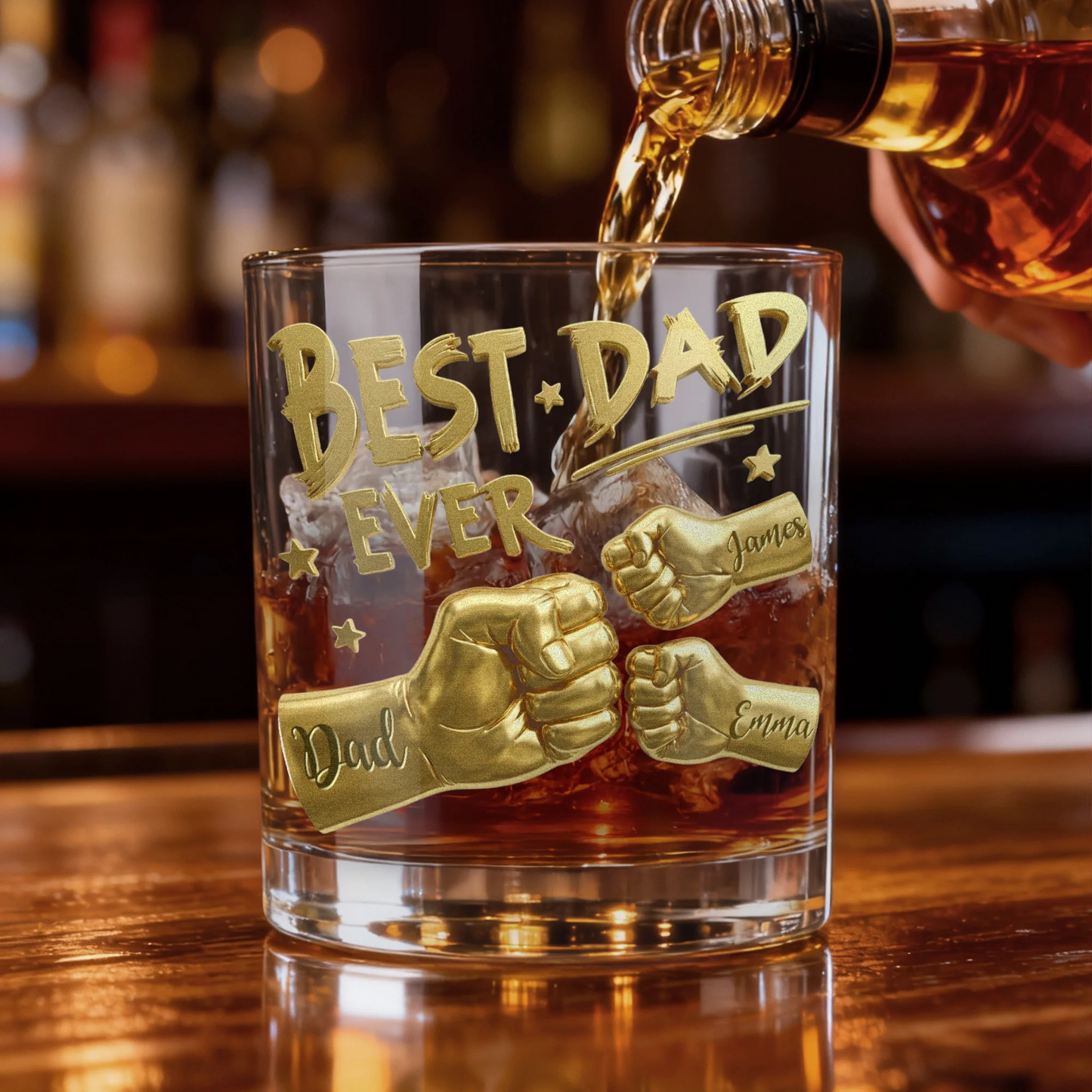 Personalised Best Dad Ever Fist 11 oz Rock Whiskey Glass with Names Old Fashioned Father's Day Birthday Gift for Man Whiskey Lover