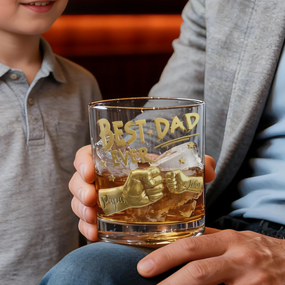 Personalised Best Dad Ever Fist 11 oz Rock Whiskey Glass with Names Old Fashioned Father's Day Birthday Gift for Man Whiskey Lover