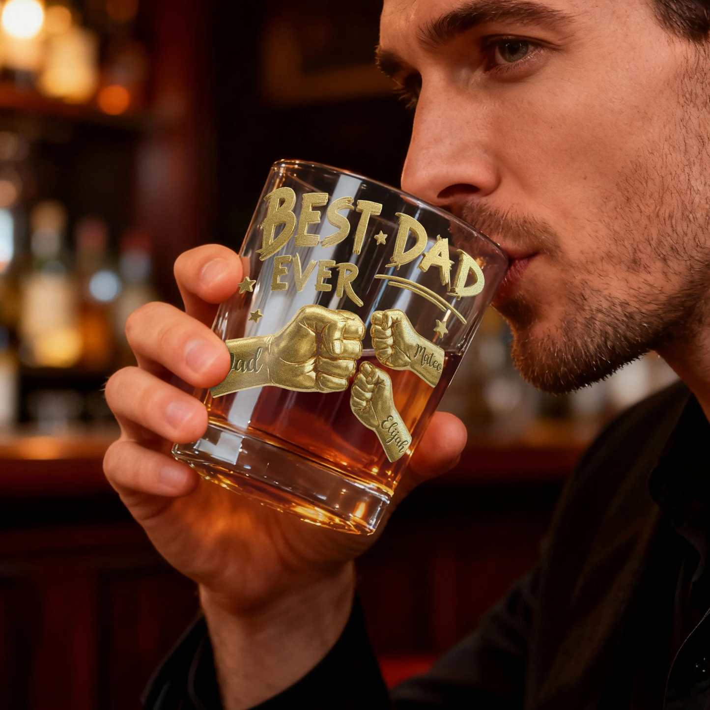 Personalised Best Dad Ever Fist 11 oz Rock Whiskey Glass with Names Old Fashioned Father's Day Birthday Gift for Man Whiskey Lover