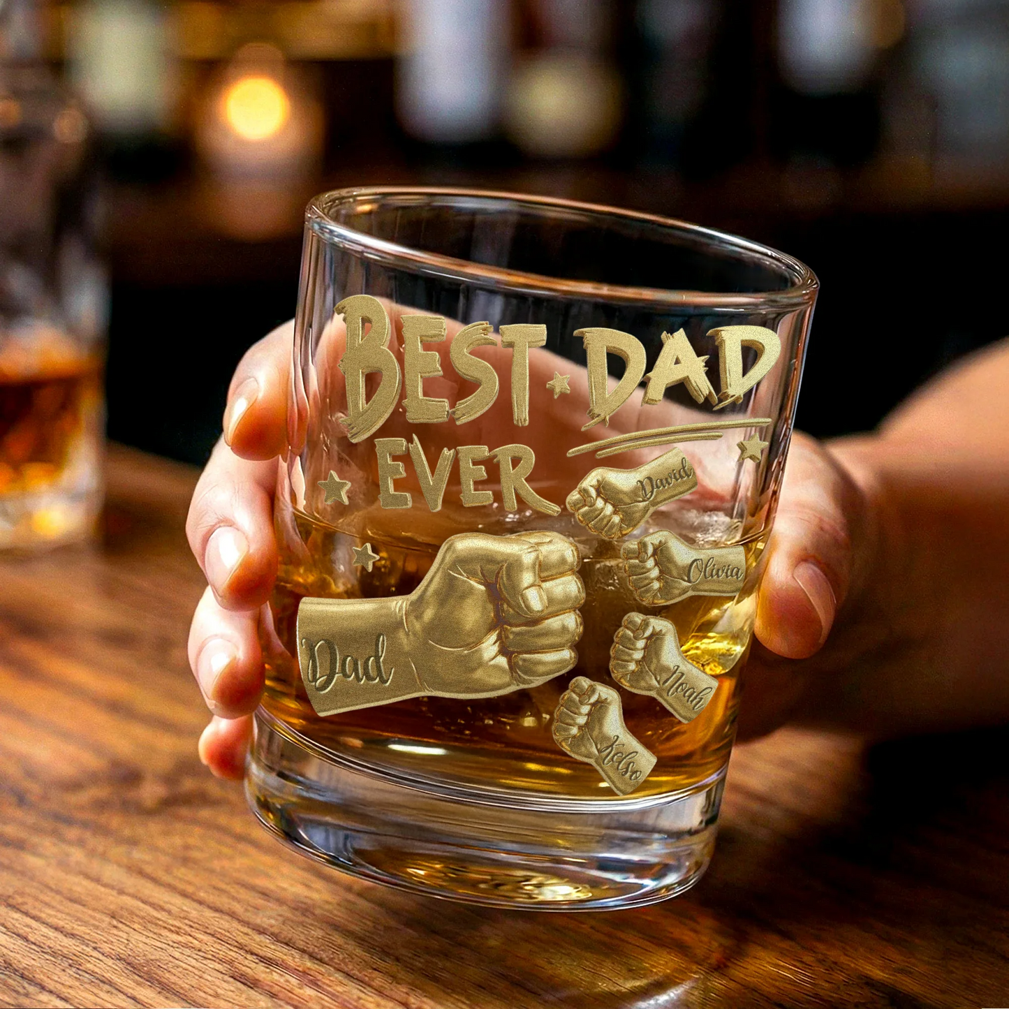 Personalised Best Dad Ever Fist 11 oz Rock Whiskey Glass with Names Old Fashioned Father's Day Birthday Gift for Man Whiskey Lover