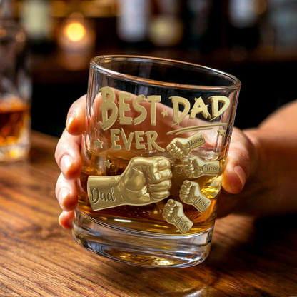 Personalised Best Dad Ever Fist 11 oz Rock Whiskey Glass with Names Old Fashioned Father's Day Birthday Gift for Man Whiskey Lover
