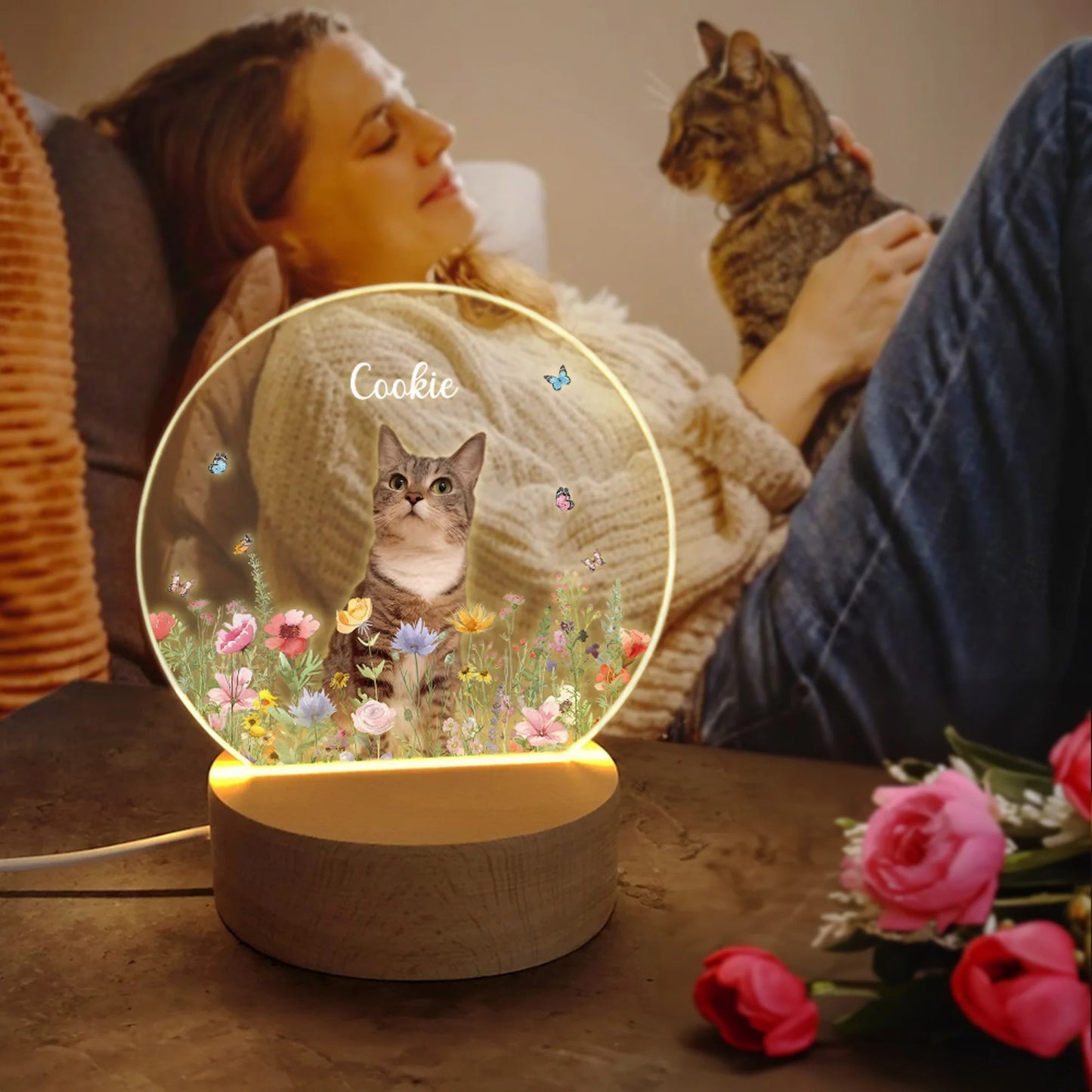 Personalised Floral Pet Photo LED Night Light with Name Date and Wooden Base Sympathy Memorial Loss of Pet Birthday Gift for Pet Owners Lovers
