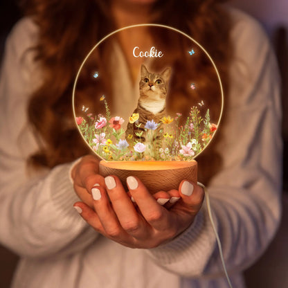 Personalised Floral Pet Photo LED Night Light with Name Date and Wooden Base Sympathy Memorial Loss of Pet Birthday Gift for Pet Owners Lovers