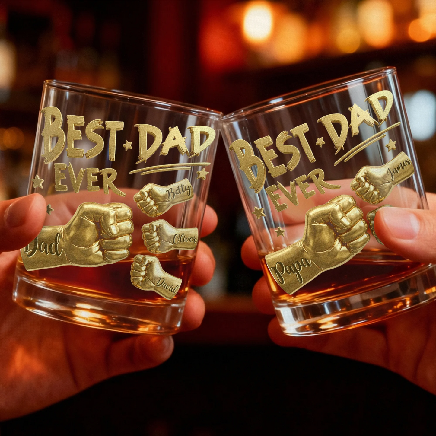 Personalised Best Dad Ever Fist 11 oz Rock Whiskey Glass with Names Old Fashioned Father's Day Birthday Gift for Man Whiskey Lover