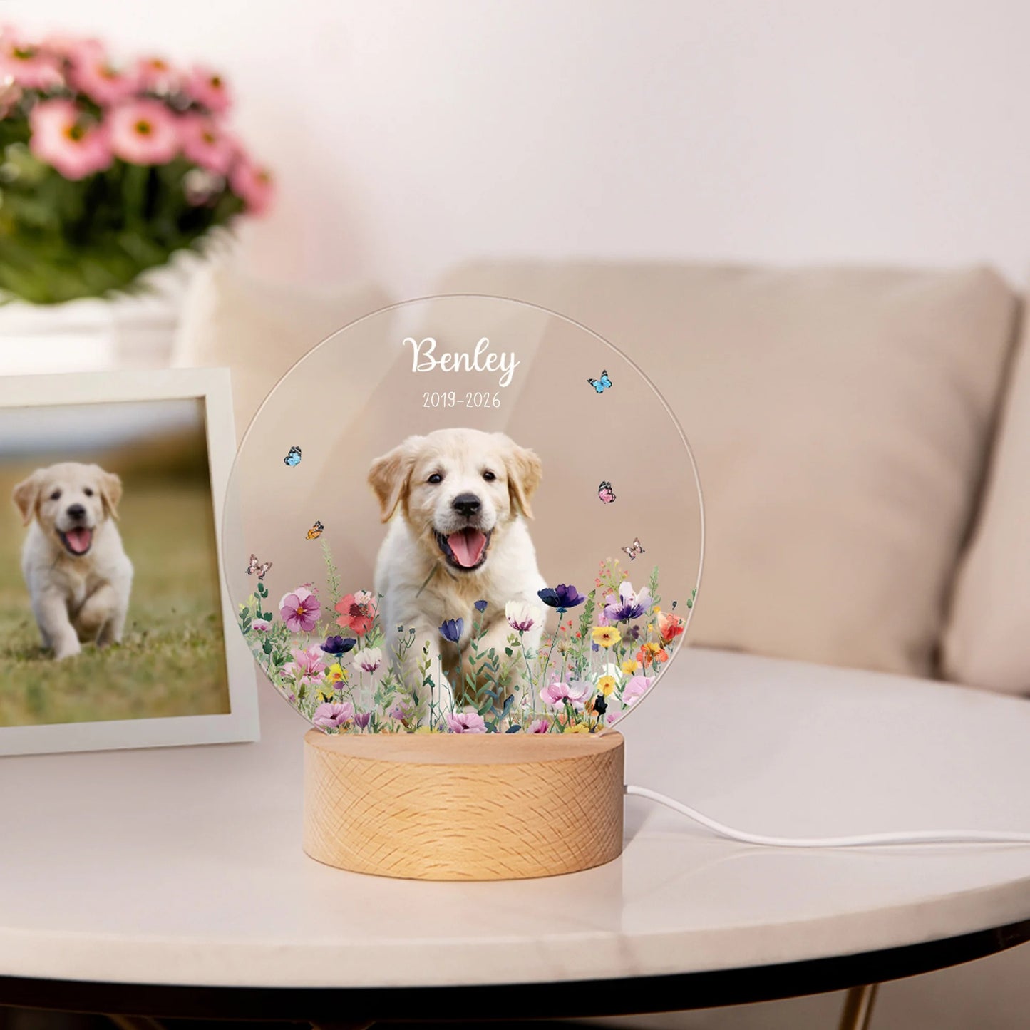 Personalised Floral Pet Photo LED Night Light with Name Date and Wooden Base Sympathy Memorial Loss of Pet Birthday Gift for Pet Owners Lovers