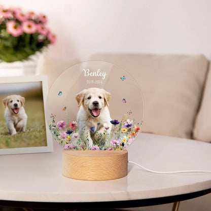 Personalised Floral Pet Photo LED Night Light with Name Date and Wooden Base Sympathy Memorial Loss of Pet Birthday Gift for Pet Owners Lovers