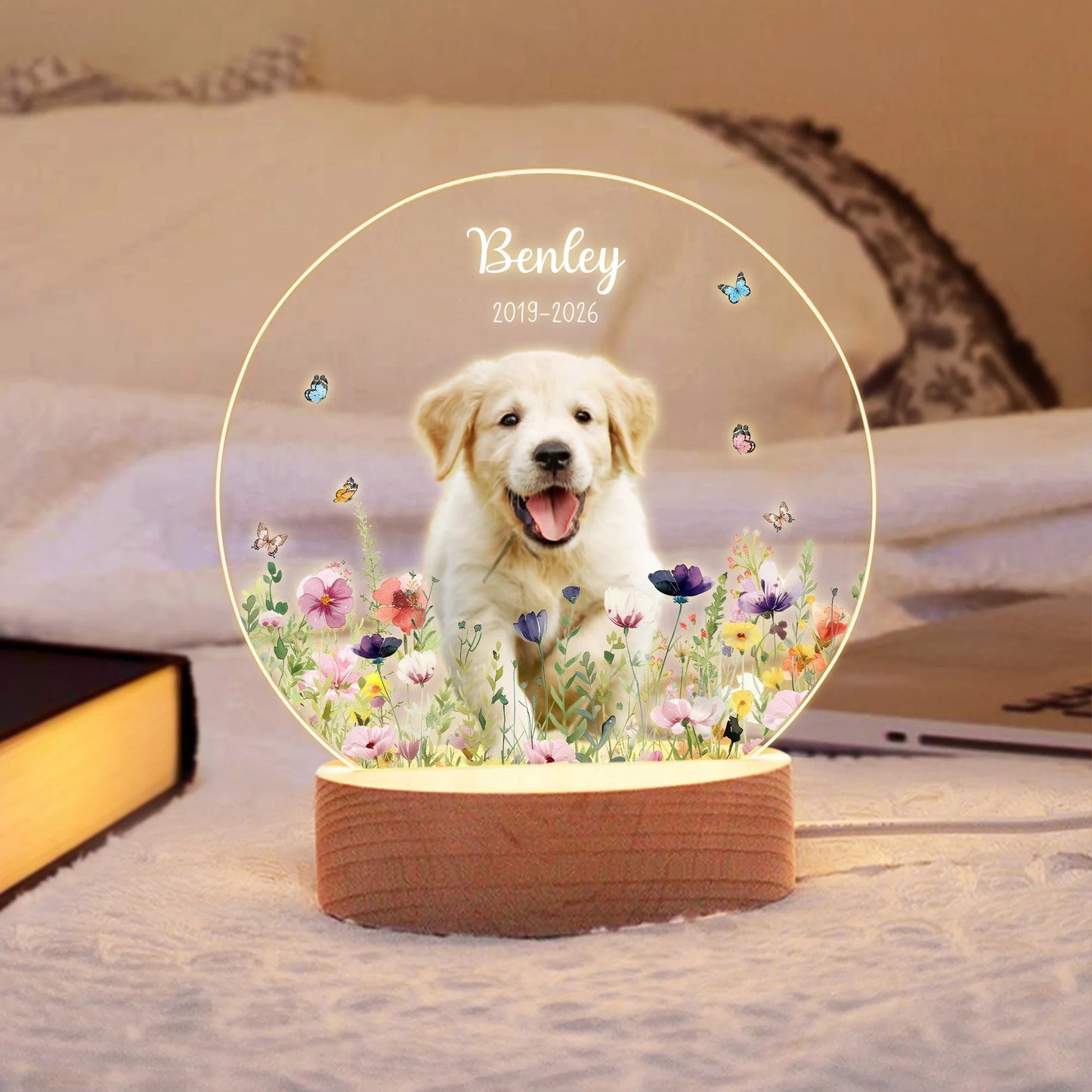 Personalised Floral Pet Photo LED Night Light with Name Date and Wooden Base Sympathy Memorial Loss of Pet Birthday Gift for Pet Owners Lovers