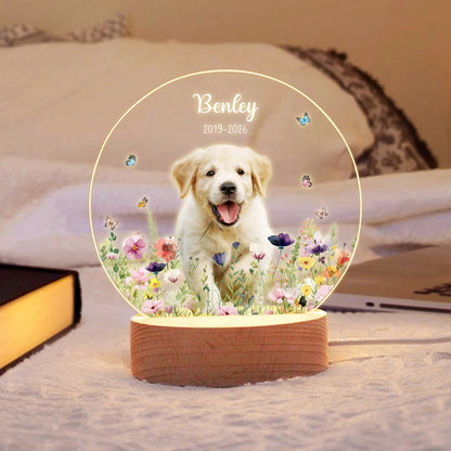 Personalised Floral Pet Photo LED Night Light with Name Date and Wooden Base Sympathy Memorial Loss of Pet Birthday Gift for Pet Owners Lovers